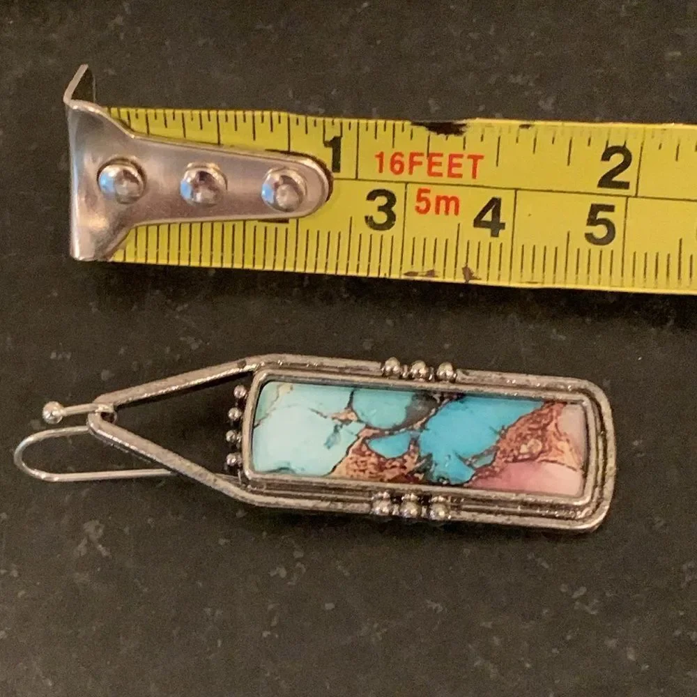 Western Marbled Kingman Style Rectangle Drop Earrings - Turquoise and Brown Colo